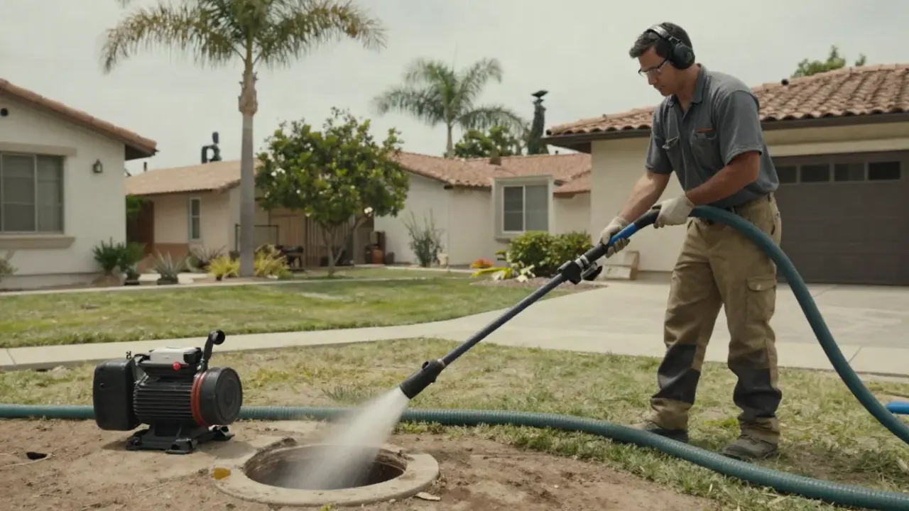 Hydro Jetting in Montebello, California: wide shot of a licensed plumber feeding a hydro jetting hose into an outdoor main