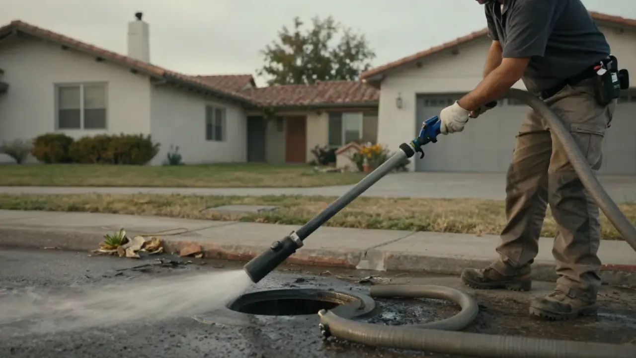 Hydro Jetting in Montebello, California: Close-up of a high-pressure hydro jetting hose being fed into a pipe, with water