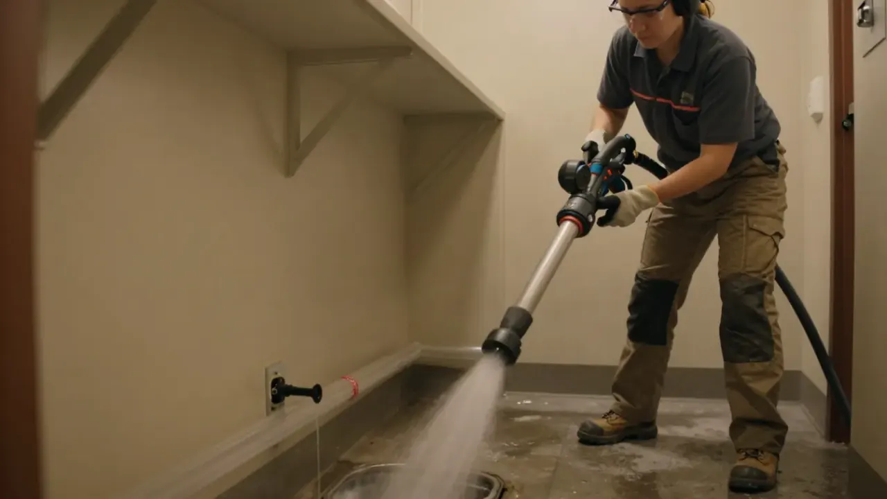 Hydro Jetting in Montebello, California: Close-up of a specialized root-cutting hydro jetting nozzle spraying high-pressure