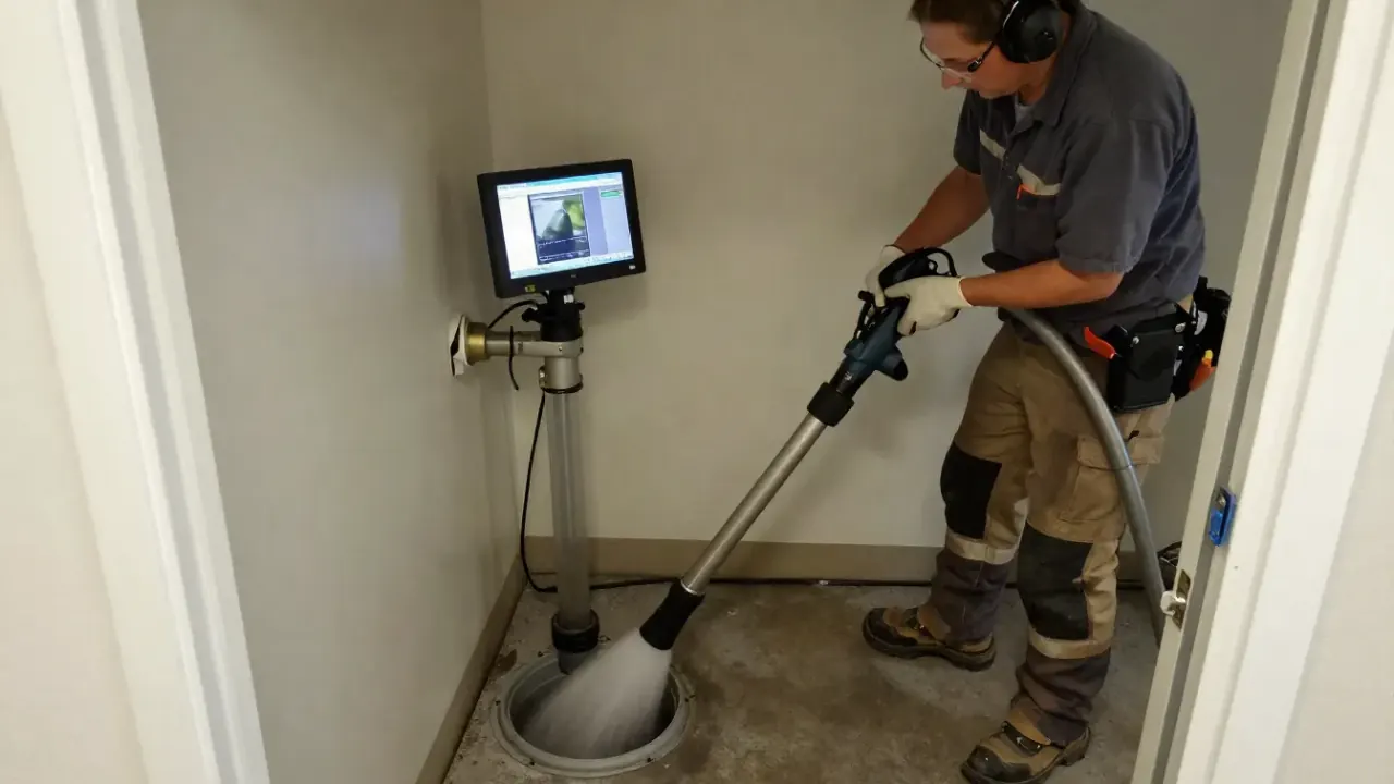 Hydro Jetting in Montebello, California: licensed plumber operating a plumbing inspection camera system, with the camera