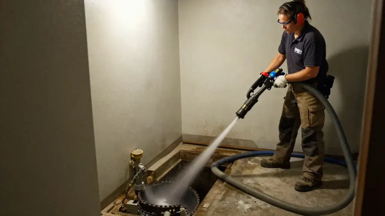 Pipe Descaling in Montebello, California: licensed plumber feeding a chain-flail descaling attachment through a hydro