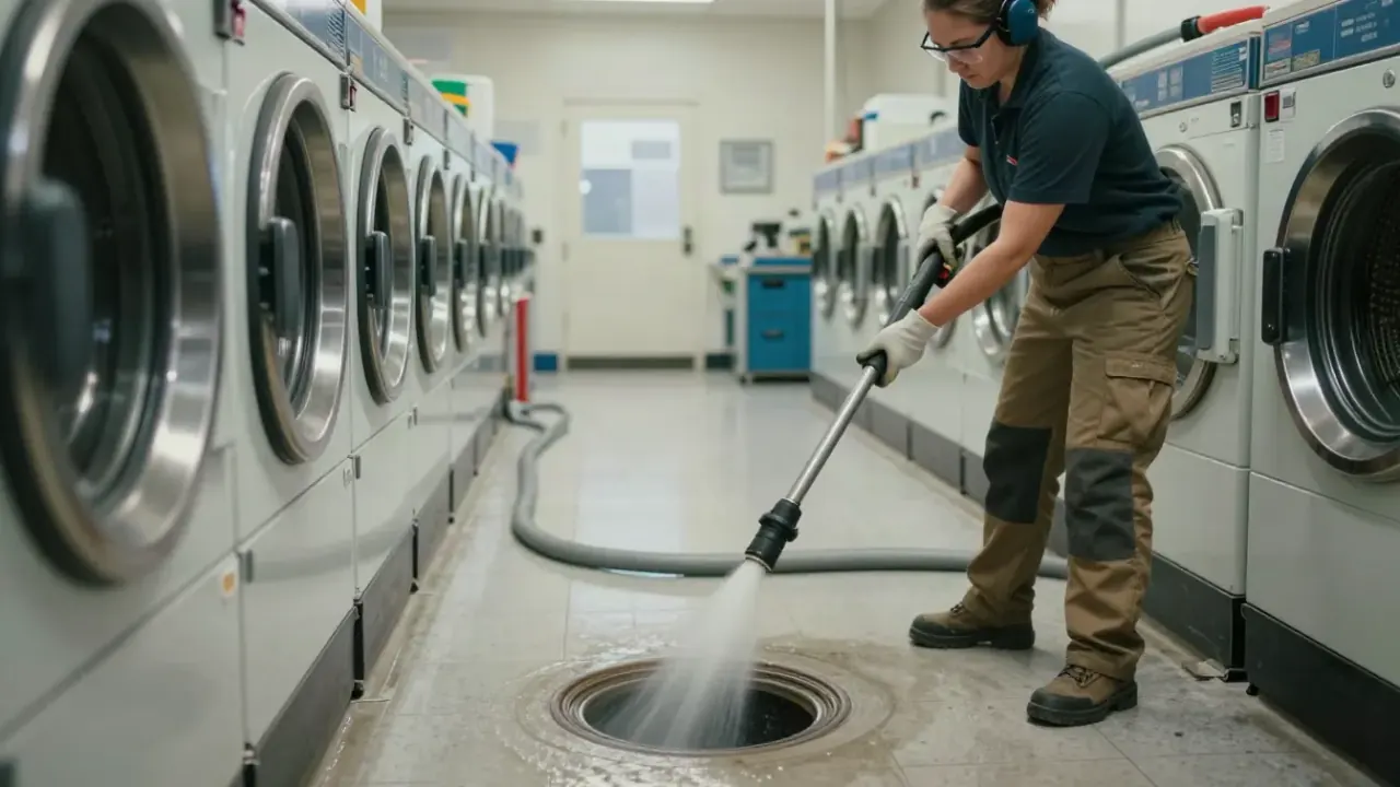 Restaurant & Commercial Hydro Jetting in Montebello, California: licensed plumber feeding a hydro jetting hose into a large