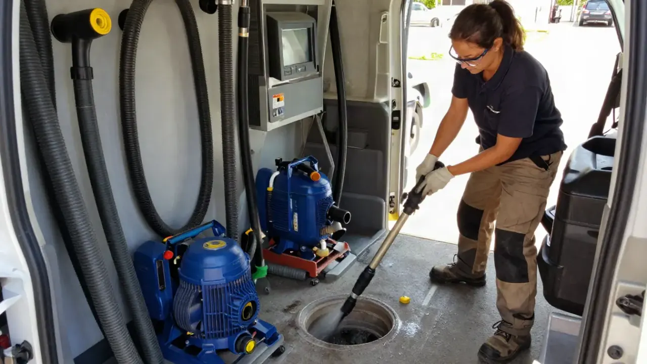 Hydro Jetting in Montebello, California: interior of a clean, organized service vehicle with various hydro jetting hoses