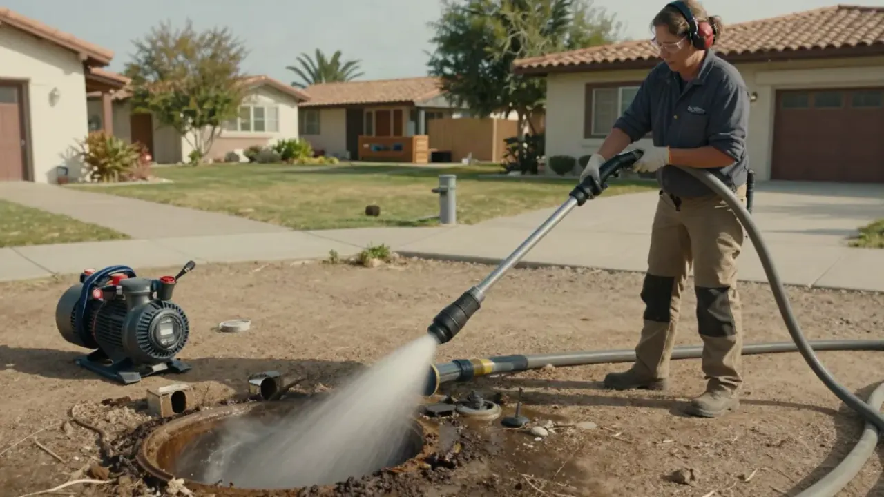 Main Line Hydro Jetting in Montebello, California: licensed plumber monitoring the progress of a hydro jetting nozzle